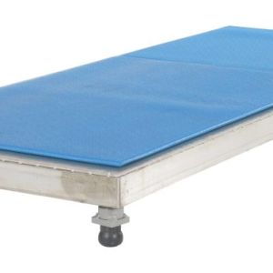 A blue gymnastics mat fits perfectly on a Vestil Adjust Alum Stand 5.75-7.75 H 24x60, covering its rectangular metal platform entirely. The setup features four visible wheels and the adjustable height ensures a minimal yet highly functional design.