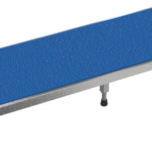 A rectangular platform called the Vestil Adjust Ss Stand has a blue textured surface and silver metal frame, featuring four black adjustable legs for 6.75 to 8.75 inches in height and measuring 24 x 60 inches.