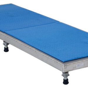 The Vestil Adjust Ss Stand 6.75-8.75 H 24 X 72 features a blue rectangular platform with a textured surface, supported by a silver metal frame. The four adjustable legs, ranging from 6.75 to 8.75 inches, have black rubber feet for stability on any surface, ideal for diverse applications.