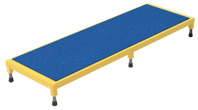 The Vestil Adjust Steel Stand 6.75-8.75 H 24 X 72 features a long rectangular design with a blue textured top and yellow border, supported by four adjustable black legs with threaded feet for height adjustments from 6.75 to 8.75 inches, providing a simple and functional look.