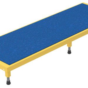 The Vestil Adjust Steel Stand 6.75-8.75 H 24 X 72 features a long rectangular design with a blue textured top and yellow border, supported by four adjustable black legs with threaded feet for height adjustments from 6.75 to 8.75 inches, providing a simple and functional look.