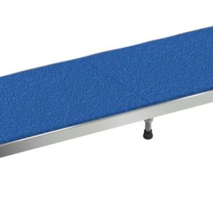 The Vestil Adjust Alum Stand 5.75-7.75 H 24X96 supports the blue rectangular mat with adjustable black legs and a textured surface on a metallic platform against a white background, adjusting from 5.75 to 7.75 inches in height.