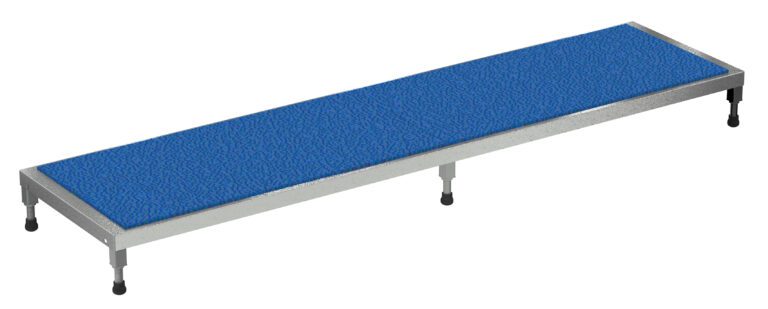 AHT-L-2496-SS_A.jpg The Vestil Adjust SS Stand 6.75-8.75 H 24 X 96 features adjustable legs, a blue textured long rectangular platform, and metal frame stability, with dimensions of 24 x 96 inches and a height range of 6.75 to 8.75 inches for versatile application in diverse settings.