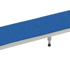 The Vestil Adjust SS Stand 6.75-8.75 H 24 X 96 features adjustable legs, a blue textured long rectangular platform, and metal frame stability, with dimensions of 24 x 96 inches and a height range of 6.75 to 8.75 inches for versatile application in diverse settings.