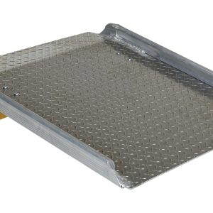 The Vestil Aluminum Hand Truck Dockboard 0.8K 30.25X47.87, with diamond tread and raised edges, bridges gaps between docks and vehicles; it features a yellow support for stability and an upward angle at one end for seamless access.