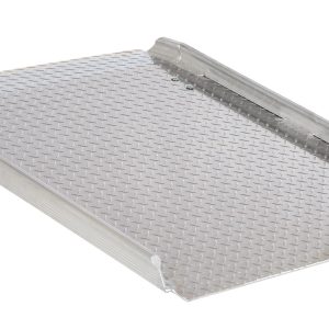 The Vestil Aluminum Hand Truck Dockboard 0.8K 36.25X47.87 has a diamond plate surface and bright yellow support leg, offering stability with its 0.8K capacity and dimensions of 36.25x47.87 inches for seamless gap bridging between trucks and loading docks.
