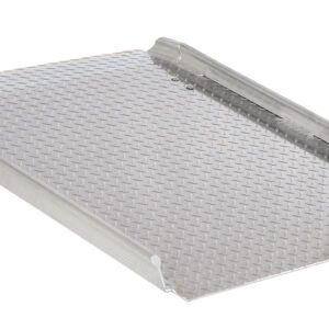 The Vestil Aluminum Hand Truck Dockboard 0.8K 36.25X71.87 has a diamond tread surface, raised edges, and a yellow support leg for stability, making it ideal for bridging gaps between docks and trucks or trailers during loading and unloading.
