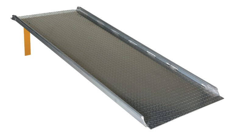 AHTD-3696_A.jpg The Vestil Aluminum Hand Truck Dockboard 0.8K 36.25X95.87 ensures secure transitions with a textured surface and raised edges for safety, expertly guiding loads as it slopes from flat ground to an elevated end supported by a yellow beam.
