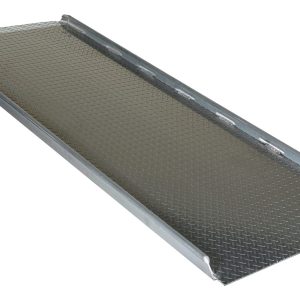 The Vestil Aluminum Hand Truck Dockboard 0.8K 36.25X95.87 ensures secure transitions with a textured surface and raised edges for safety, expertly guiding loads as it slopes from flat ground to an elevated end supported by a yellow beam.