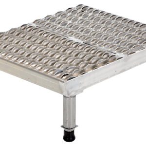 The Vestil Adj Ss Stand 10.5-16.5 H 19W X 23.5L features a metal platform with a textured surface for grip, adjustable height from 10.5 to 16.5 inches, and four sturdy legs with rubber feet, making it ideal for industrial or workplace use.