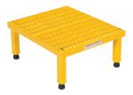 The Vestil Adj Steel Stand is a yellow metal stool with a grated surface, four legs with rubber feet, and a front label. Its textured top ensures grip and it adjusts from 10.5-16.5 H x 19-9/16W x 23-1/2L for convenience.
