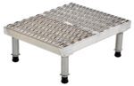 The Vestil Adjust Alum Stand offers a perforated, textured surface with four adjustable legs and rubber feet for stable elevation, providing versatile height adjustments from 9-1/2 to 15-1/2 inches.