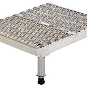The Vestil Adjust Alum Stand offers a perforated, textured surface with four adjustable legs and rubber feet for stable elevation, providing versatile height adjustments from 9-1/2 to 15-1/2 inches.