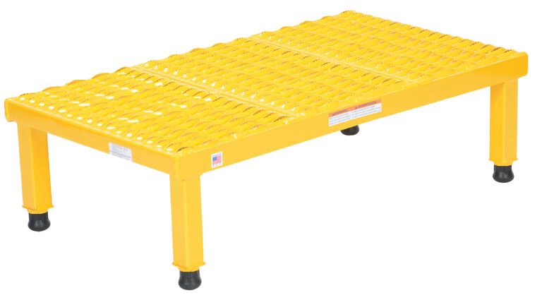 The Vestil Adjustable Steel Stand (10.5-16.5 H 19-9/16W X35-1/4L) is a robust yellow step platform with a metal grid surface and four rubber-tipped legs, perfect for industrial or heavy-duty applications, offering elevated support or reach.