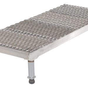 The Vestil Adjust Alum Stand 9/1/2-15/1/2 H 19.12 x 47.5 features a rectangular metal platform with a textured, non-slip surface and four sturdy legs with rubber feet for stability, adjustable from 9-1/2 to 15-1/2 inches in height for versatile use as a step or support in various settings.