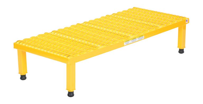 AHW-H-1948_A.jpg The Vestil Adj Steel Stand in yellow has a grid-like metal platform with rubber-footed legs. It adjusts from 10.5 to 16.5 inches high and measures 19-9/16W x 47L, providing stability and versatility for various tasks.