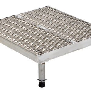 The Vestil Adj Alum Stand 9.5-15.5 H 23.62 X 24.12 features a textured grated platform with four sturdy legs and black rubber feet for stability, adjustable from 9.5 to 15.5 inches, perfect for industrial or commercial use.