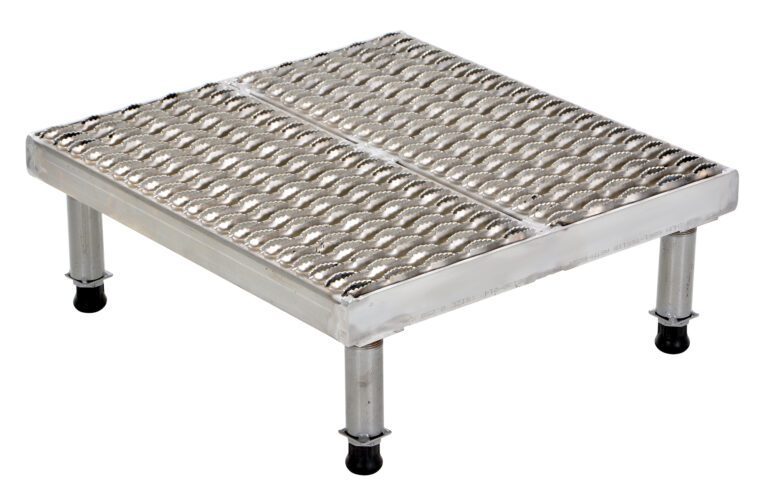 The Vestil Adj Alum Stand 9.5-15.5 H 23.62 X 24.12 features a textured grated platform with four sturdy legs and black rubber feet for stability, adjustable from 9.5 to 15.5 inches, perfect for industrial or commercial use.