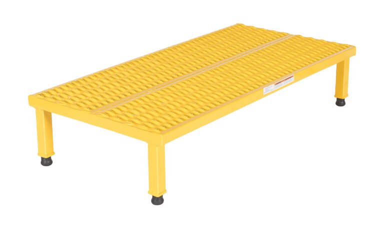 AHW-H-2448_A.jpg The Vestil Adjustable Steel Stand is a yellow metal platform measuring 10.5-16.5 inches high, 23.5 inches wide, and 48.75 inches long, featuring four black-tipped legs and a textured grid surface for traction. Its ideal for industrial or workshop use as an adjustable step stool or sturdy platform.