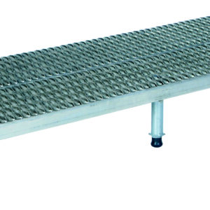 The Vestil Adj Alum Stand 9.5-15.5 H 23.62 X 60.12 is a metal platform with a grated surface and four adjustable legs featuring black rubber feet, designed with interlocked metal strips for stability and elevation in various applications.
