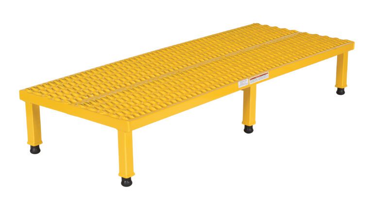 A yellow industrial step stool, similar to the Vestil Adj Steel Stand 10.5-16.5 H 23.5W X60L, has a textured non-slip surface and four rubber-capped legs for stability, ensuring safe access to elevated areas.