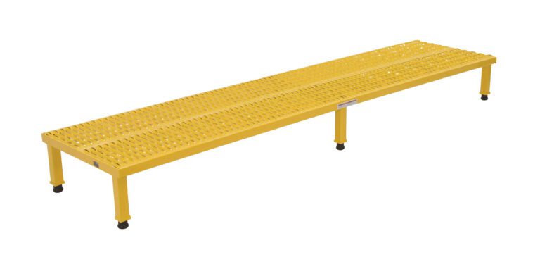 The Vestil Adj Steel Stand 10.5-16.5 H 23.5W X97L, a long yellow metal platform featuring a perforated surface and four evenly spaced legs, is expertly crafted for industrial use.