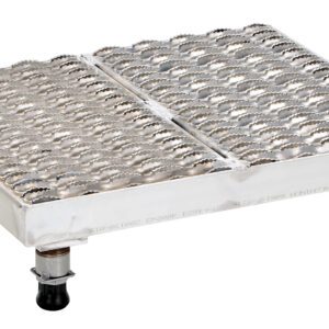 A rectangular stainless steel foot grater with a textured surface and four adjustable black rubber-tipped legs offers stability similar to the Vestil Adj Alum Work Stand, model 5.75-7.75 H 19.12X23..75.