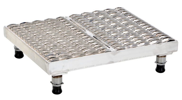 AHW-L-1924-A_A.jpg A rectangular stainless steel foot grater with a textured surface and four adjustable black rubber-tipped legs offers stability similar to the Vestil Adj Alum Work Stand, model 5.75-7.75 H 19.12X23..75.