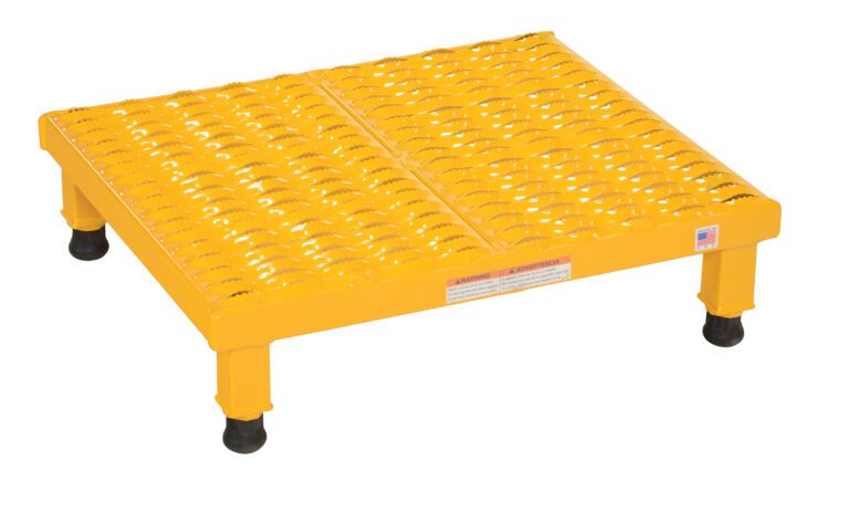 AHW-L-1924_A.jpg The Vestil Adjust Steel Stand is a yellow grated metal platform with four black rubber-tipped legs, adjustable from 6.75 to 8.75 inches, measuring 19.56 x 23.5 inches, and featuring slightly raised top ridges with a small side label.