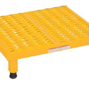 The Vestil Adjust Steel Stand is a yellow grated metal platform with four black rubber-tipped legs, adjustable from 6.75 to 8.75 inches, measuring 19.56 x 23.5 inches, and featuring slightly raised top ridges with a small side label.