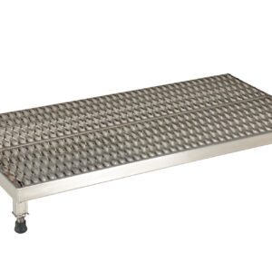 The Vestil Adj Ss Work Stand 6.75-8.75 H 19 X 35.14 features a textured, perforated metal platform and four adjustable legs for height changes from 6.75 to 8.75 inches, making it ideal for elevated industrial support.