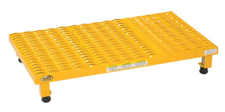 The Vestil Adj Work Mate Stand 6.75-8.75 H 19.56X35.25 has a yellow metal step platform with a grated surface for slip resistance, rubber feet on four legs for stability, and safety warnings on the sides.