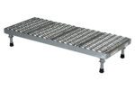 The Vestil Adj Alum Work Stand 5.75-7.75 H 19.12X47.5 features adjustable heavy-duty legs (5.75 to 7.75 inches), a patterned metal surface for grip, and rubber-tipped legs for stability, ideal for industrial tasks.