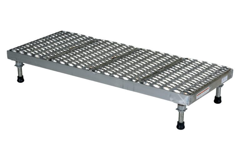 The Vestil Adj Alum Work Stand 5.75-7.75 H 19.12X47.5 features adjustable heavy-duty legs (5.75 to 7.75 inches), a patterned metal surface for grip, and rubber-tipped legs for stability, ideal for industrial tasks.