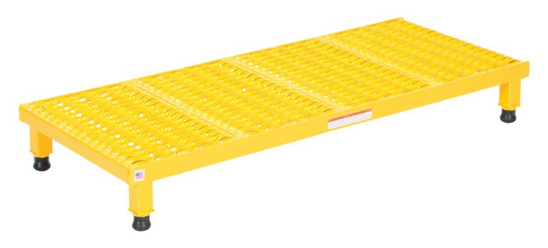 The yellow Vestil Adj Work Mate Stand (6.75-8.75 inches in height, 19.56x47 inches dimension) is a robust industrial platform with grated surface for traction and four sturdy black rubber-footed legs for stable elevated access in diverse work settings.