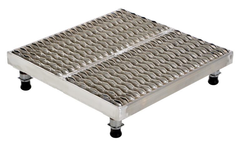 AHW-L-2424-A_A.jpg The Vestil Adj Alum Work Stand 5.75-7.75 H 23.62X24.12 has a square metallic platform with a wavy texture, can adjust from 5.75 to 7.75 inches in height, and features four adjustable legs with black rubber bases for stability.