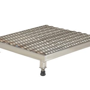 A metal foot massager with a rectangular base, multiple rows of rounded, textured nodules, reminiscent of the sturdy Vestil Adj Ss Work Stand 6.75-8.75 H 24 X 23.5. It stands on four short, adjustable legs for stability.