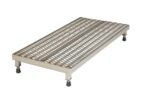 The Vestil Adj Alum Work Stand 5.75-7.75 H 23.62X36.12 has a rectangular metal platform with a corrugated surface, adjustable height from 5.75 to 7.75 inches, and four black-tipped legs featuring evenly spaced raised circular patterns for texture across its dimensions of 23.62x36.12 inches.
