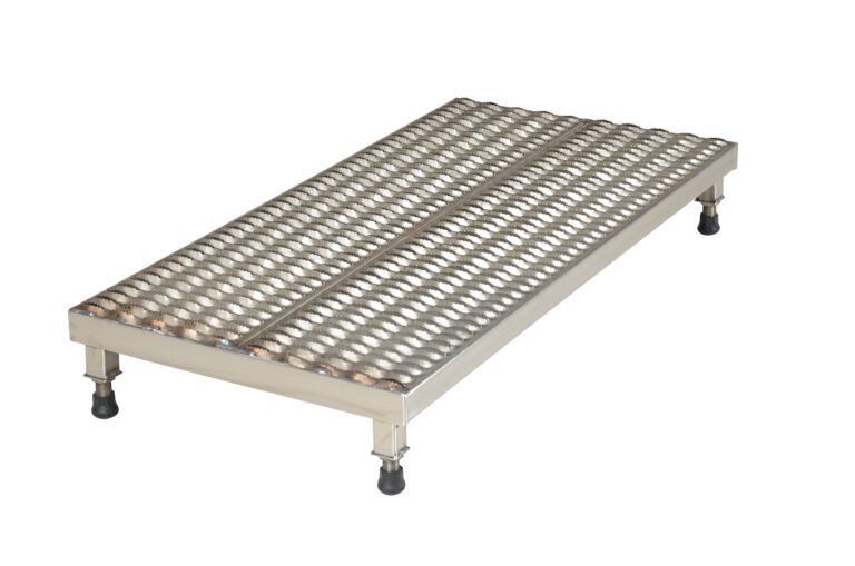 AHW-L-2436-SS_A.jpg The Vestil Adj Ss Work Stand 6.75-8.75 H 24 X 35.25 is a metal platform with adjustable legs, featuring a grid-like surface with evenly spaced, raised circular patterns for added grip and traction.