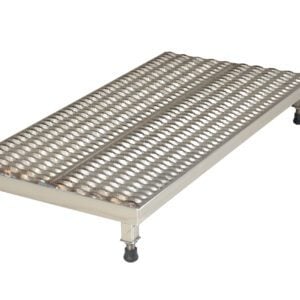 The Vestil Adj Ss Work Stand 6.75-8.75 H 24 X 35.25 is a metal platform with adjustable legs, featuring a grid-like surface with evenly spaced, raised circular patterns for added grip and traction.
