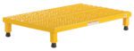 The Vestil Adj Work Mate Stand 6.75-8.75 H 23.5X36.43 has a height range of 6.75–8.75 inches and features a yellow metal platform with textured, non-slip surface supported by four sturdy legs with black feet, ensuring stability for various tasks over its 23.5 x 36.43-inch area.
