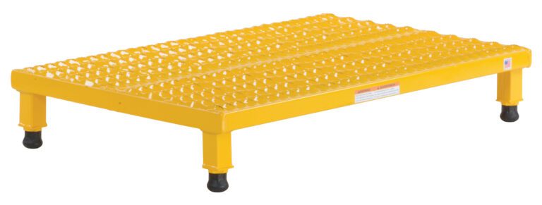 The Vestil Adj Work Mate Stand 6.75-8.75 H 23.5X36.43 has a height range of 6.75–8.75 inches and features a yellow metal platform with textured, non-slip surface supported by four sturdy legs with black feet, ensuring stability for various tasks over its 23.5 x 36.43-inch area.