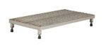 The Vestil Adj Alum Work Stand 5.75-7.75 H 23.62X48.12 has a rectangular metal platform with a textured, 23.62x48.12 top surface featuring raised circular grips for traction, supported by adjustable legs with rubber feet, allowing height adjustments from 5.75 to 7.75 inches for versatility.