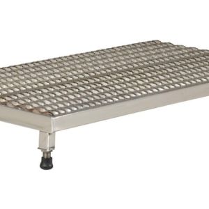 The Vestil Adj Alum Work Stand 5.75-7.75 H 23.62X48.12 has a rectangular metal platform with a textured, 23.62x48.12 top surface featuring raised circular grips for traction, supported by adjustable legs with rubber feet, allowing height adjustments from 5.75 to 7.75 inches for versatility.