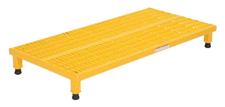 The Vestil Adj Work Mate Stand 6.75-8.75 H 23.5X48.75 features a yellow metal platform with a grated surface, four black rubber-tipped legs, is rectangular and adjustable from 6.75 to 8.75 inches off the ground for industrial or heavy-duty use.