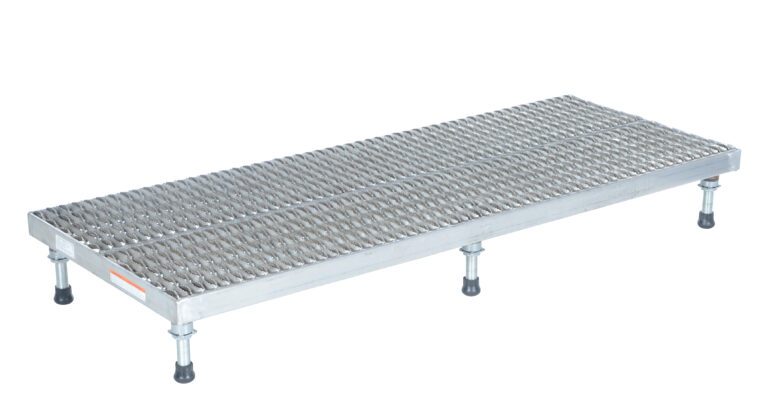 AHW-L-2460-A_A.jpg The Vestil Adj Alum Work Stand 5.75-7.75 H 23.62X60.12 offers ergonomic support with its grated surface and adjustable legs, standing confidently against a white background.