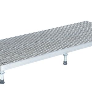 The Vestil Adj Alum Work Stand 5.75-7.75 H 23.62X60.12 offers ergonomic support with its grated surface and adjustable legs, standing confidently against a white background.