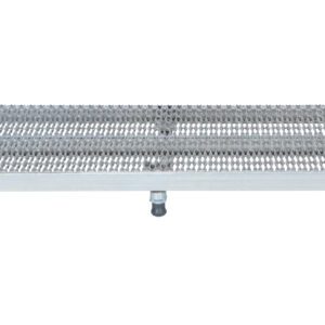 The Vestil Adj Ss Work Stand 6.75-8.75 H 23.5 X 60 features a sturdy metal platform with a grated surface and three small wheels on one side, making it ideal for industrial or heavy-duty tasks that require reliable support.