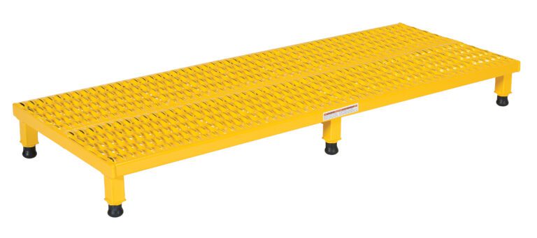 The Vestil Adj Work Mate Stand 6.75-8.75 H 23.5X60 is adjustable from 6.75 to 8.75 inches, has a rectangular yellow grated step platform with four legs featuring black feet, and measures 23.5x60 inches, ideal for industrial or workshop use, providing reliable elevation and support.