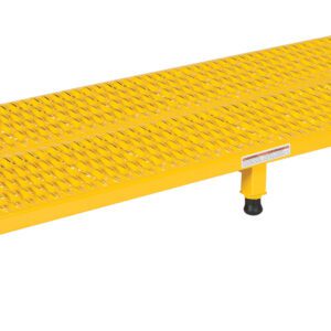The Vestil Adj Work Mate Stand 6.75-8.75 H 23.5X60 is adjustable from 6.75 to 8.75 inches, has a rectangular yellow grated step platform with four legs featuring black feet, and measures 23.5x60 inches, ideal for industrial or workshop use, providing reliable elevation and support.